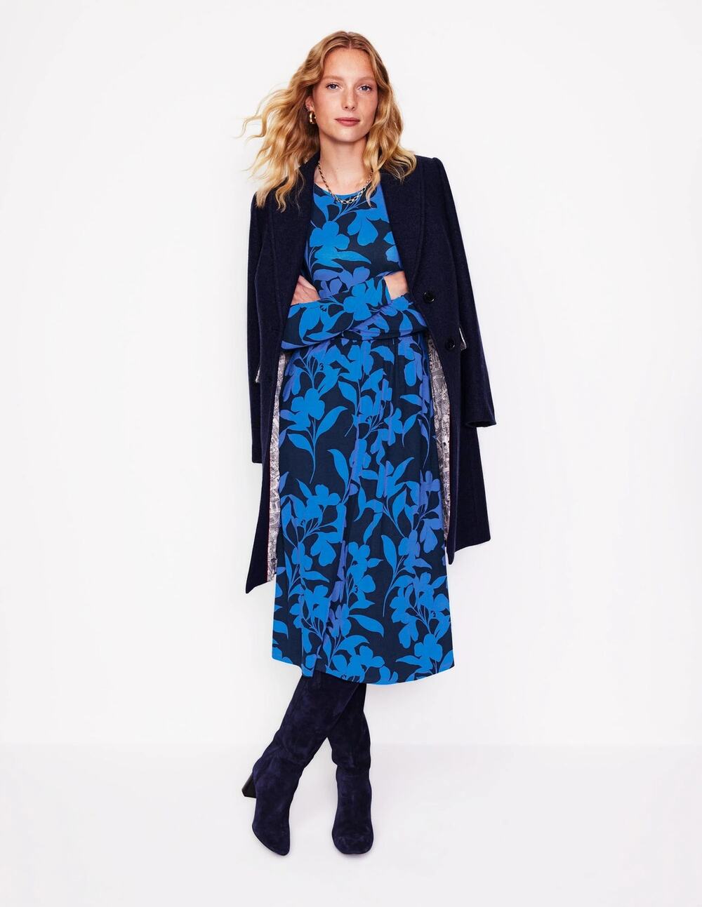 New Boden Puff Sleeve Blouson Dress Bright Blue Floral Ruched Side Pocket Sz 14;